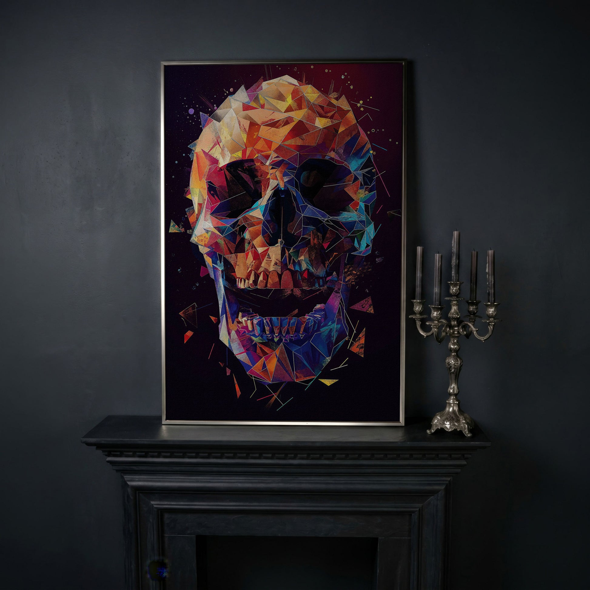 Geometric Skull Canvas Wall Art, Abstract Colorful Portrait in silver floating frame