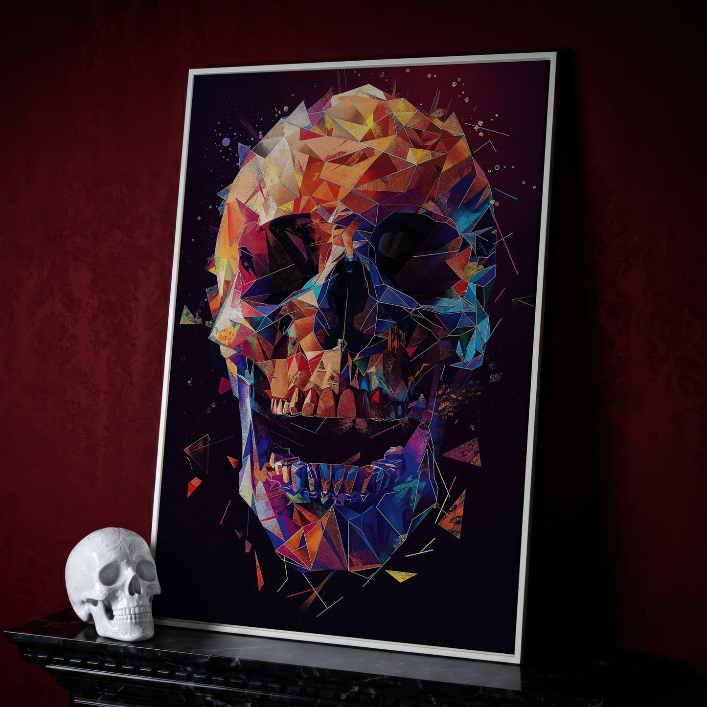 Geometric Skull Canvas Wall Art, Abstract Colorful Portrait in white floating frame