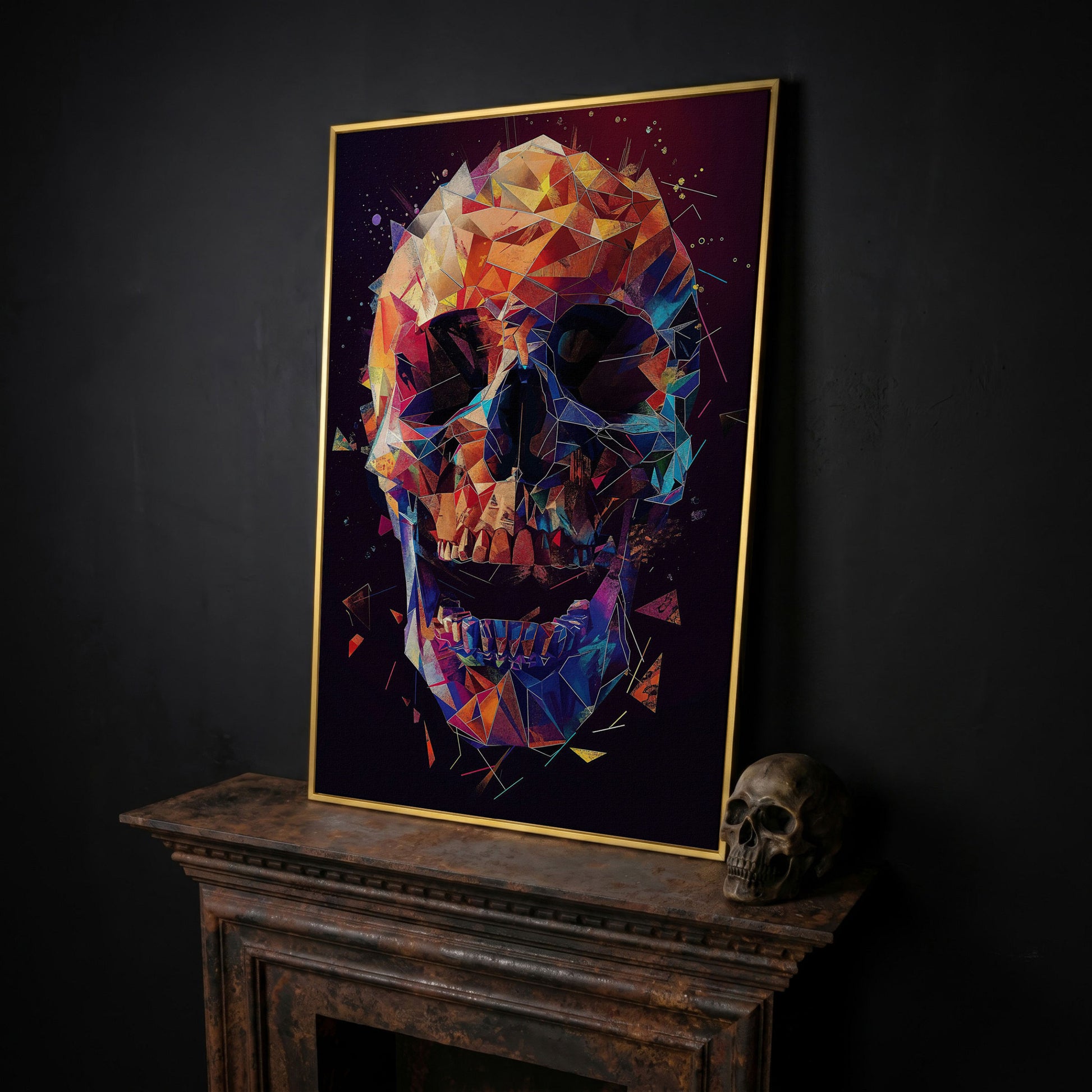 Geometric Skull Canvas Wall Art, Abstract Colorful Portrait in yellow gold floating frame