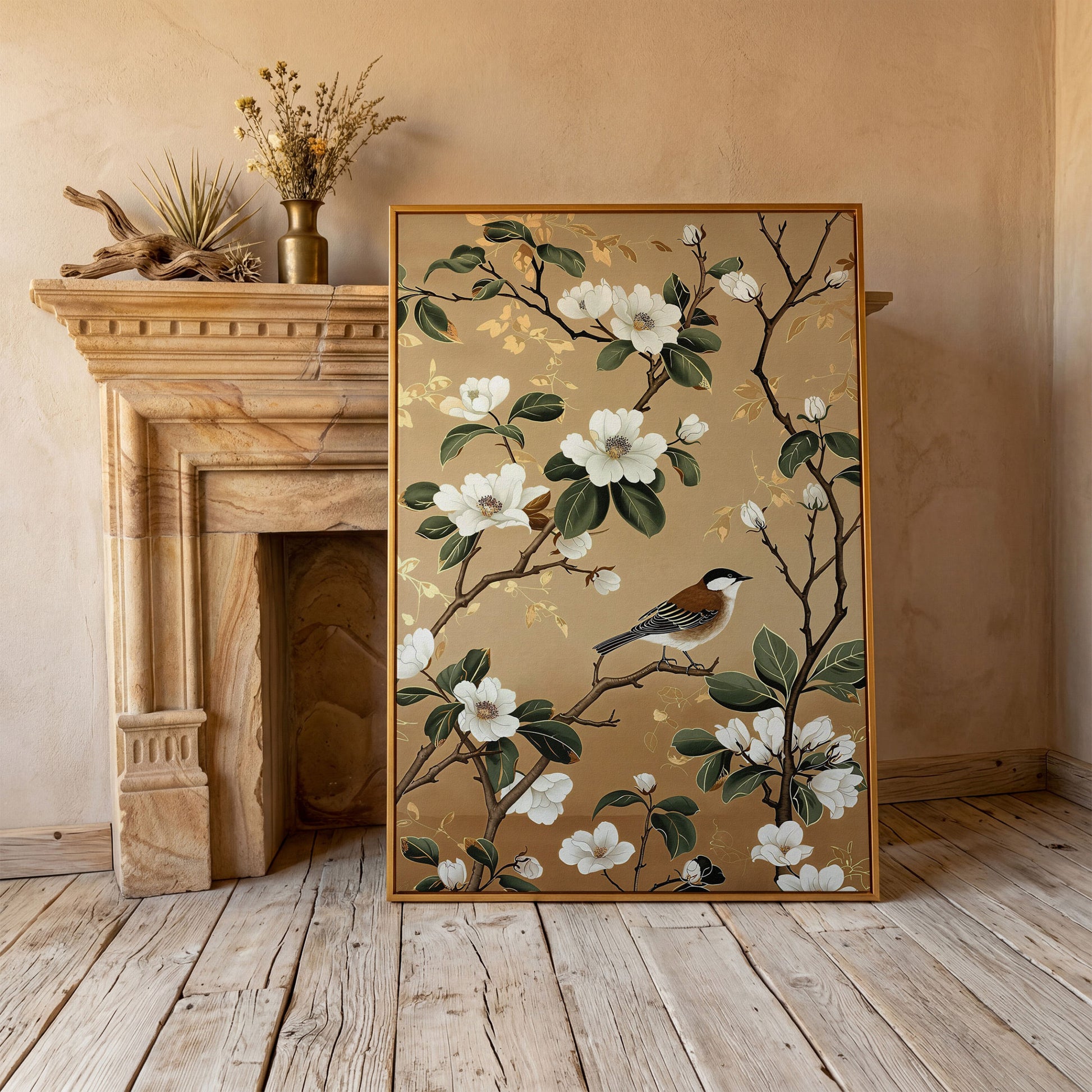 Bird on Magnolia Branch Canvas Art, Botanical Wall Art in antique gold floating frame