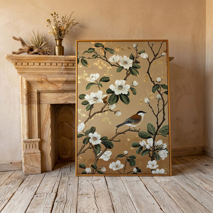 Bird on Magnolia Branch Canvas Art, Botanical Wall Art in antique gold floating frame