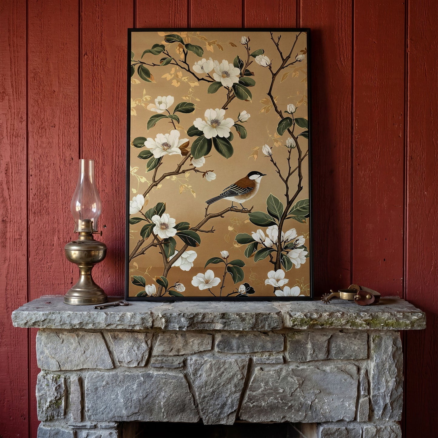 Bird on Magnolia Branch Canvas Art, Botanical Wall Art in black floating frame