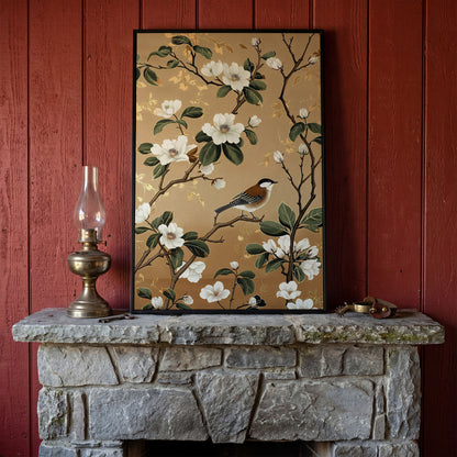 Bird on Magnolia Branch Canvas Art, Botanical Wall Art in black floating frame