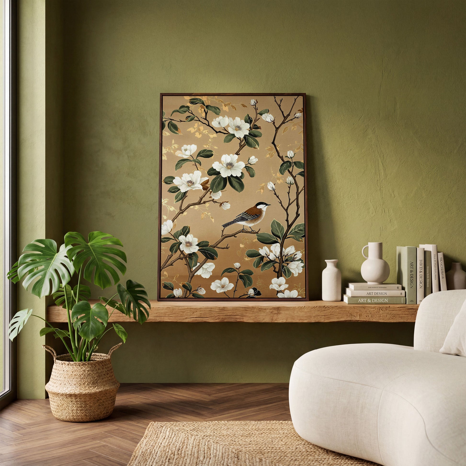Bird on Magnolia Branch Canvas Art, Botanical Wall Art in dark walnut floating frame