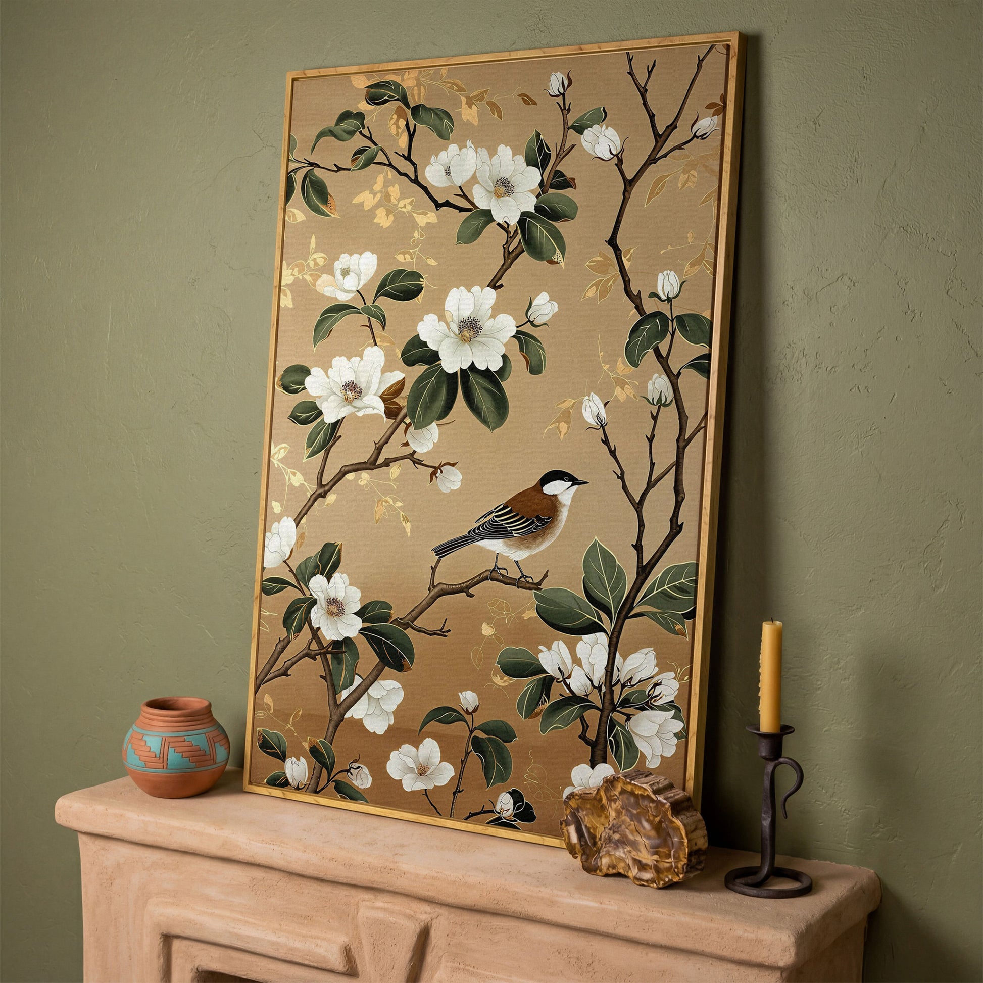 Bird on Magnolia Branch Canvas Art, Botanical Wall Art in white oak floating frame