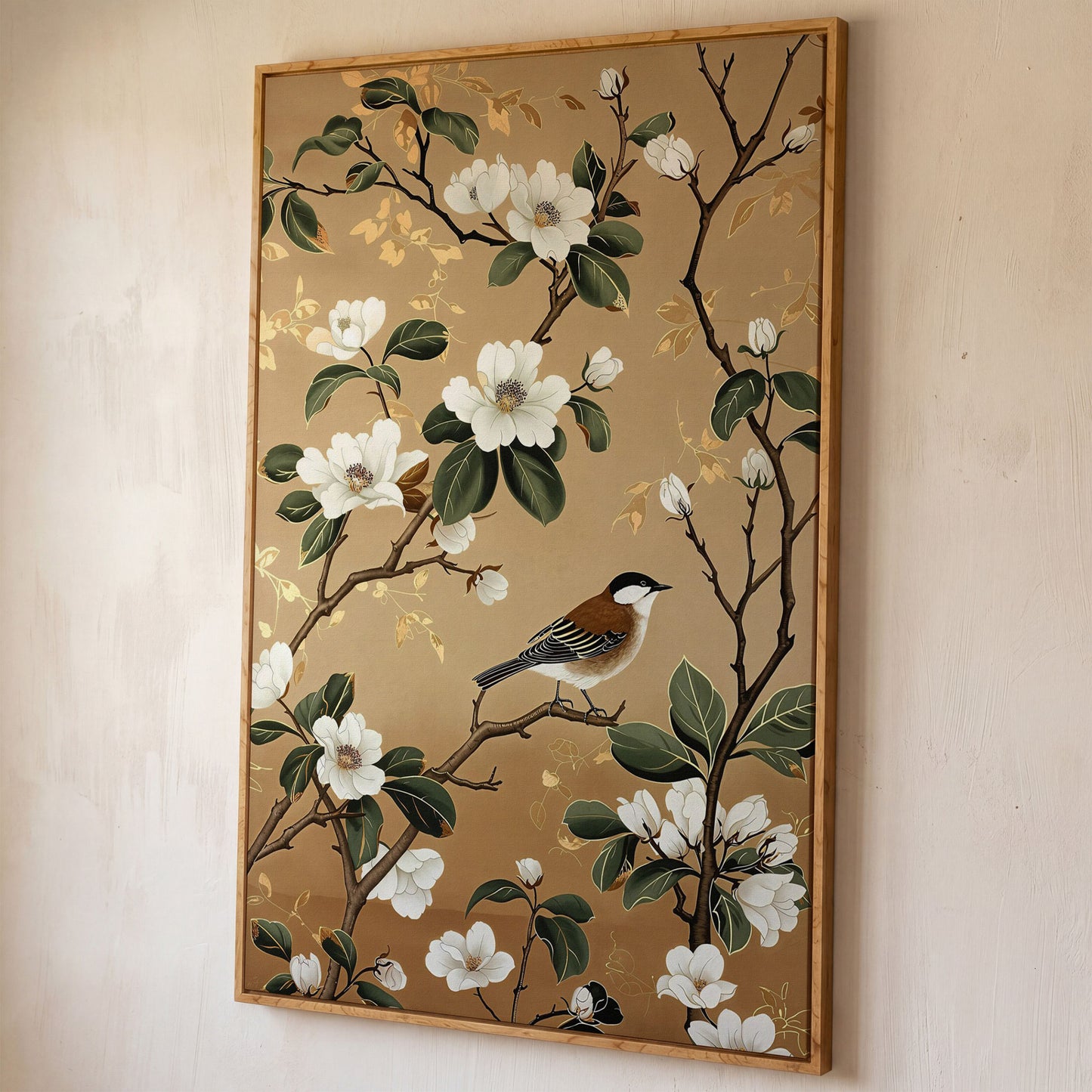 Bird on Magnolia Branch Canvas Art, Botanical Wall Art shown in white oak floating frame