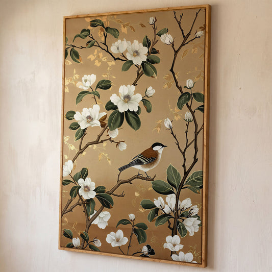 Bird on Magnolia Branch Canvas Art, Botanical Wall Art shown in white oak floating frame