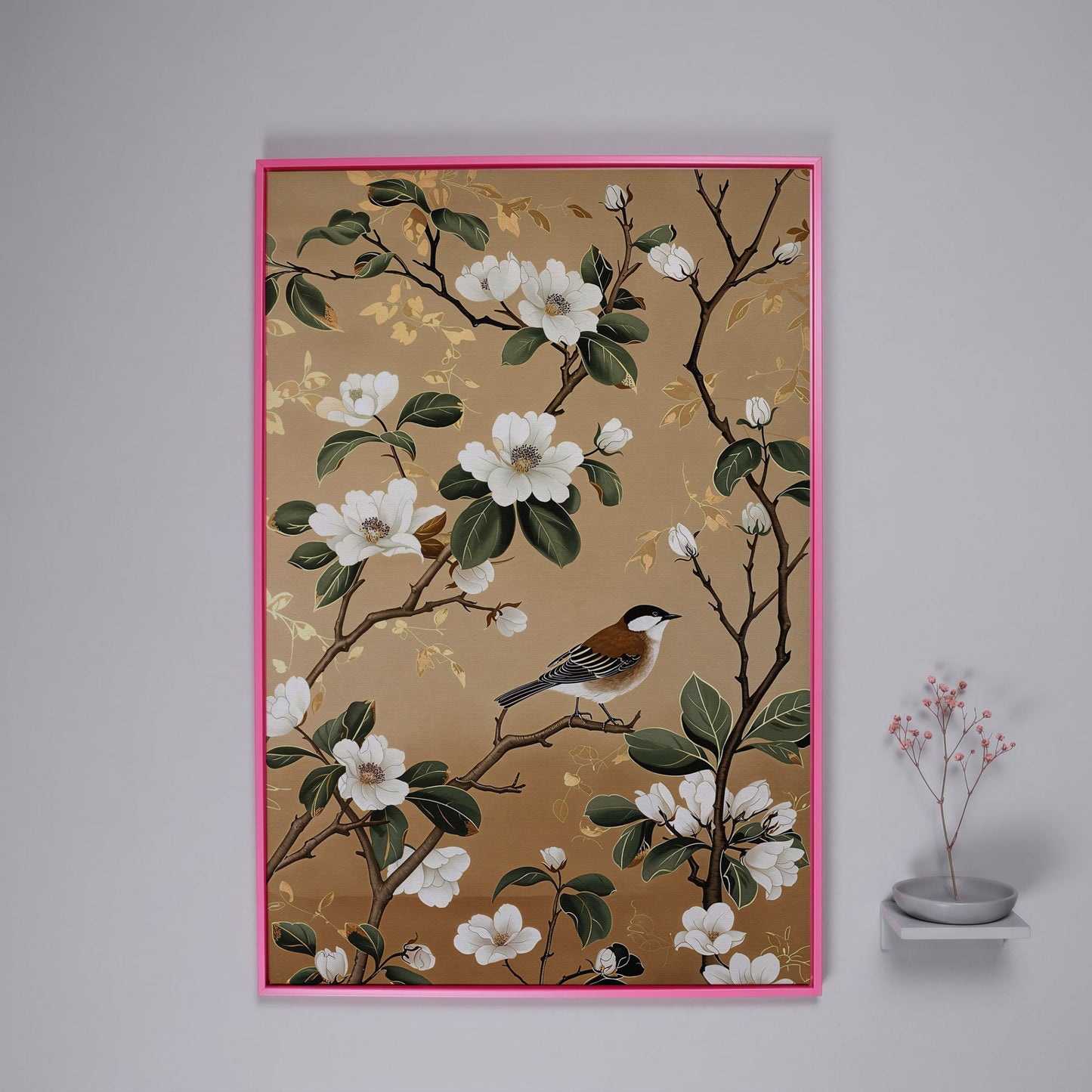 Bird on Magnolia Branch Canvas Art, Botanical Wall Art in pink floating frame