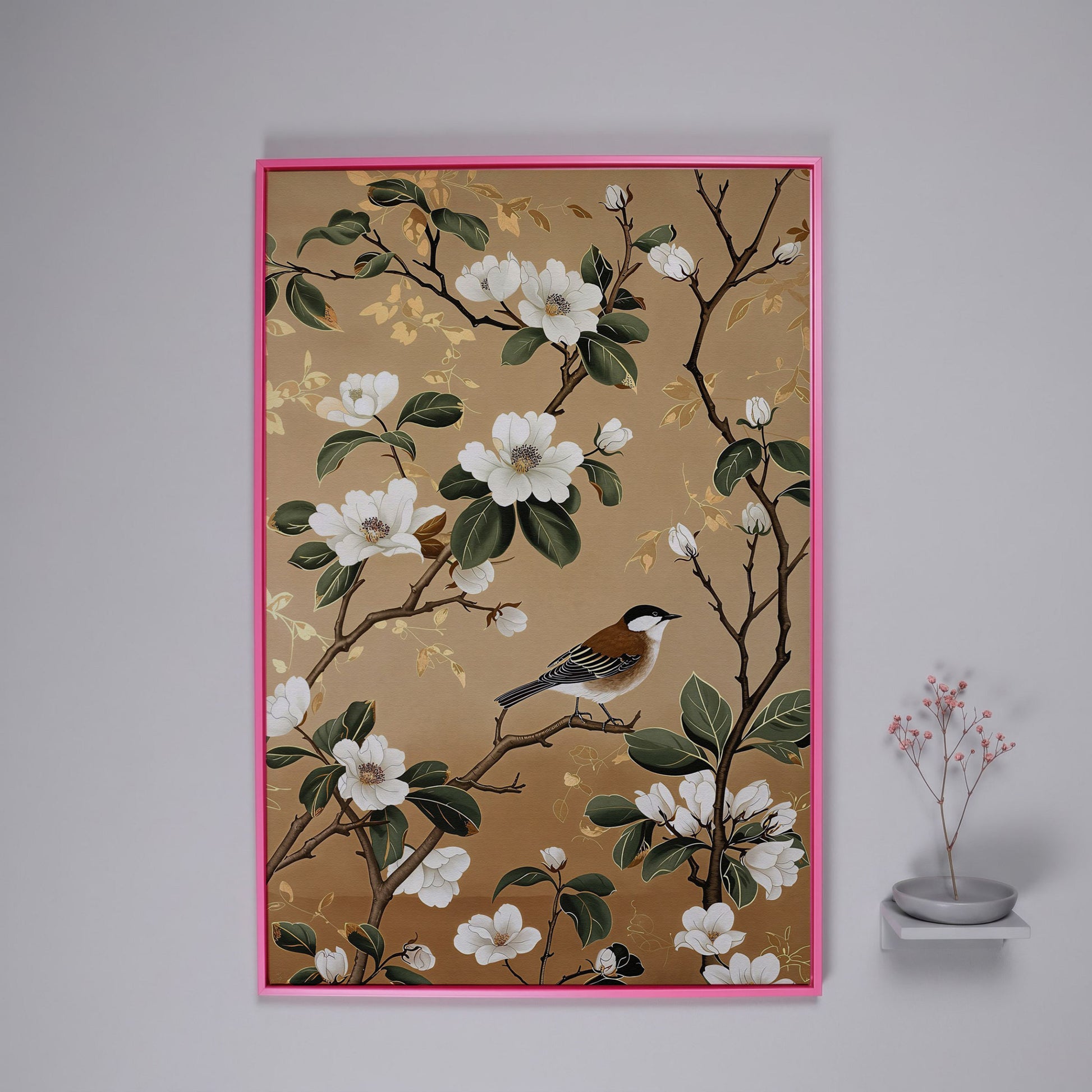 Bird on Magnolia Branch Canvas Art, Botanical Wall Art in pink floating frame