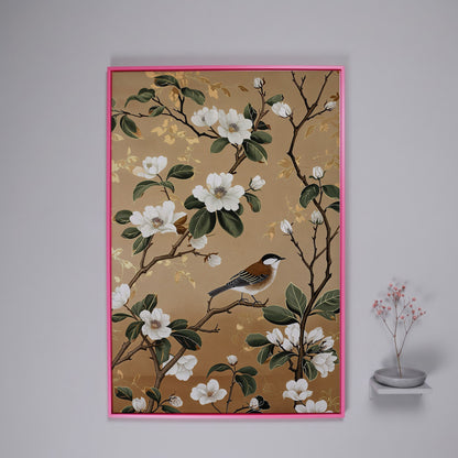 Bird on Magnolia Branch Canvas Art, Botanical Wall Art in pink floating frame