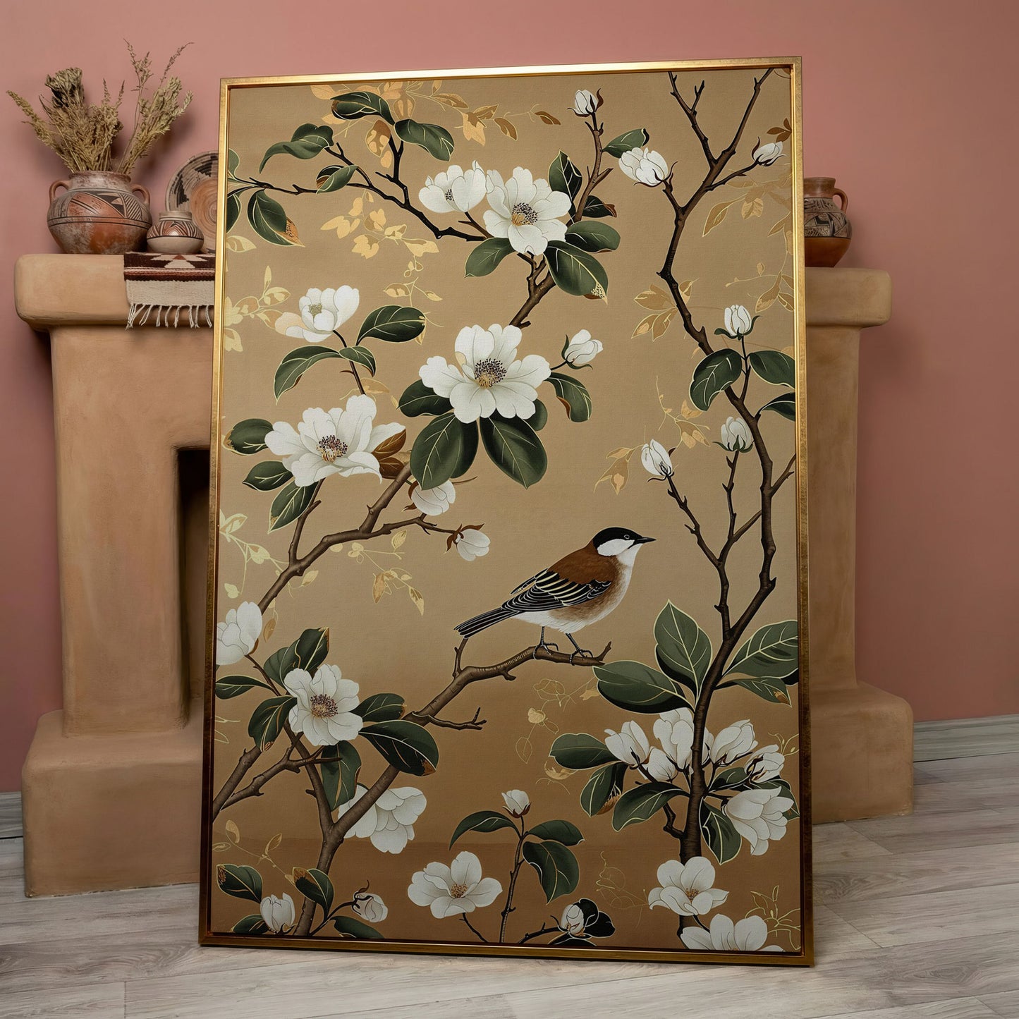 Bird on Magnolia Branch Canvas Art, Botanical Wall Art in rose gold floating frame