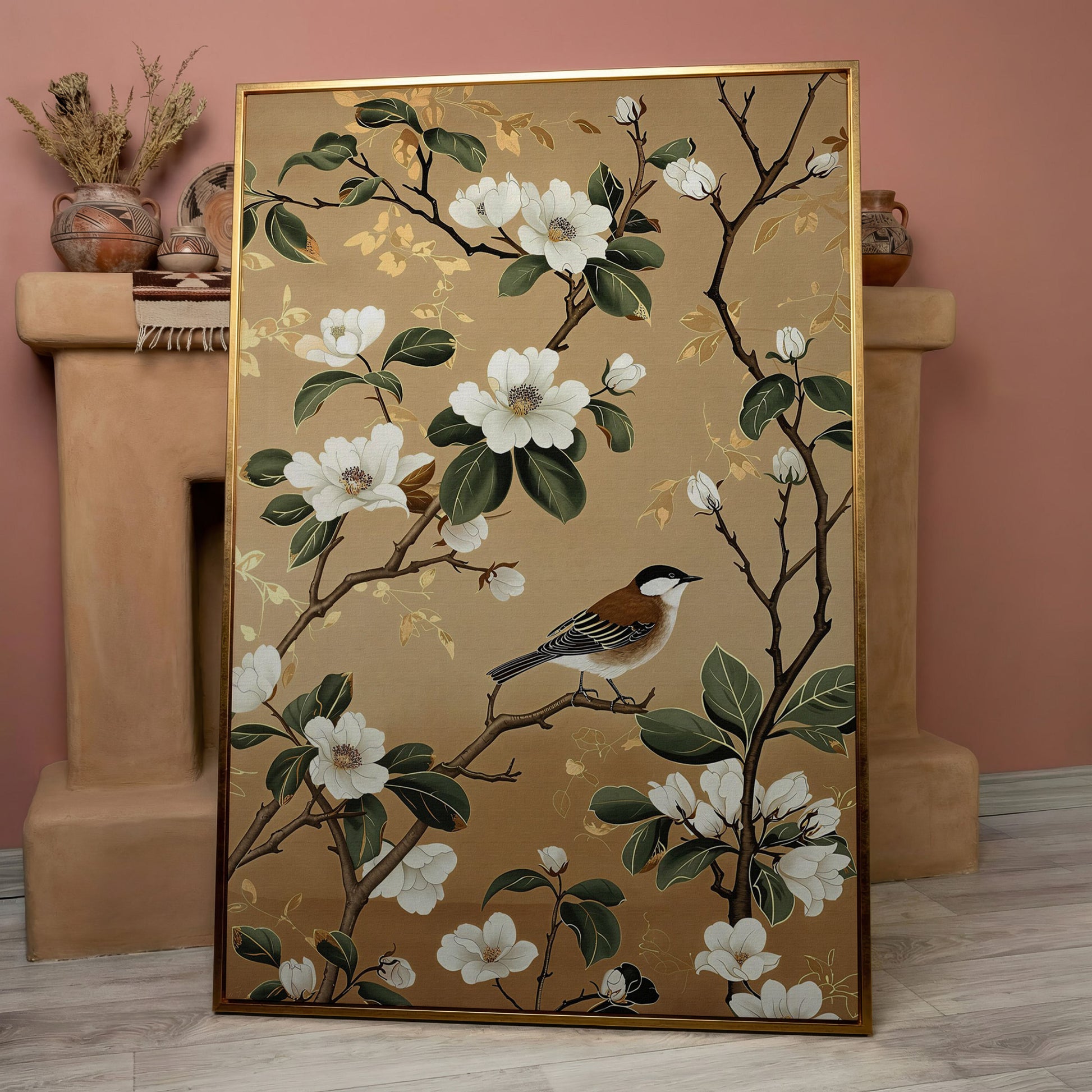 Bird on Magnolia Branch Canvas Art, Botanical Wall Art in rose gold floating frame