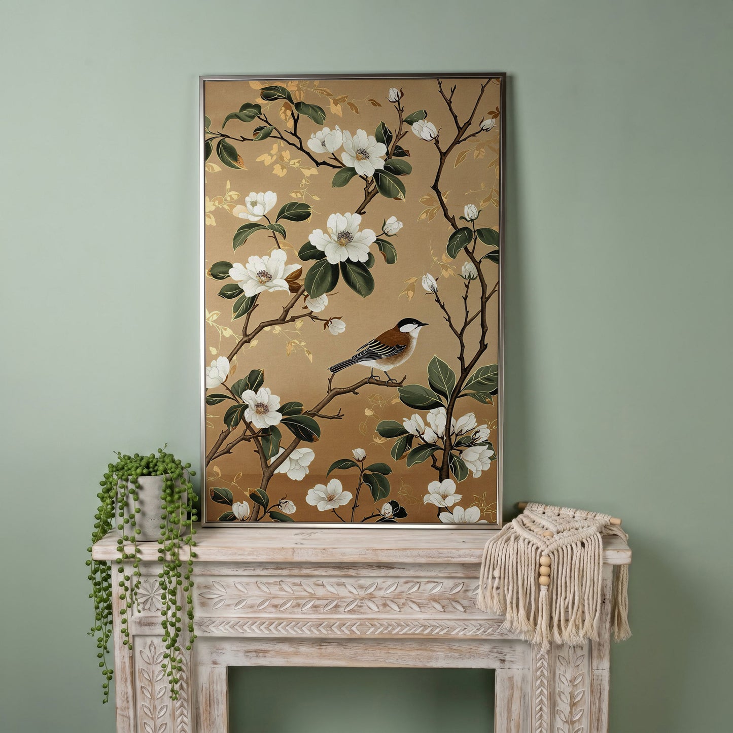 Bird on Magnolia Branch Canvas Art, Botanical Wall Art in silver floating frame