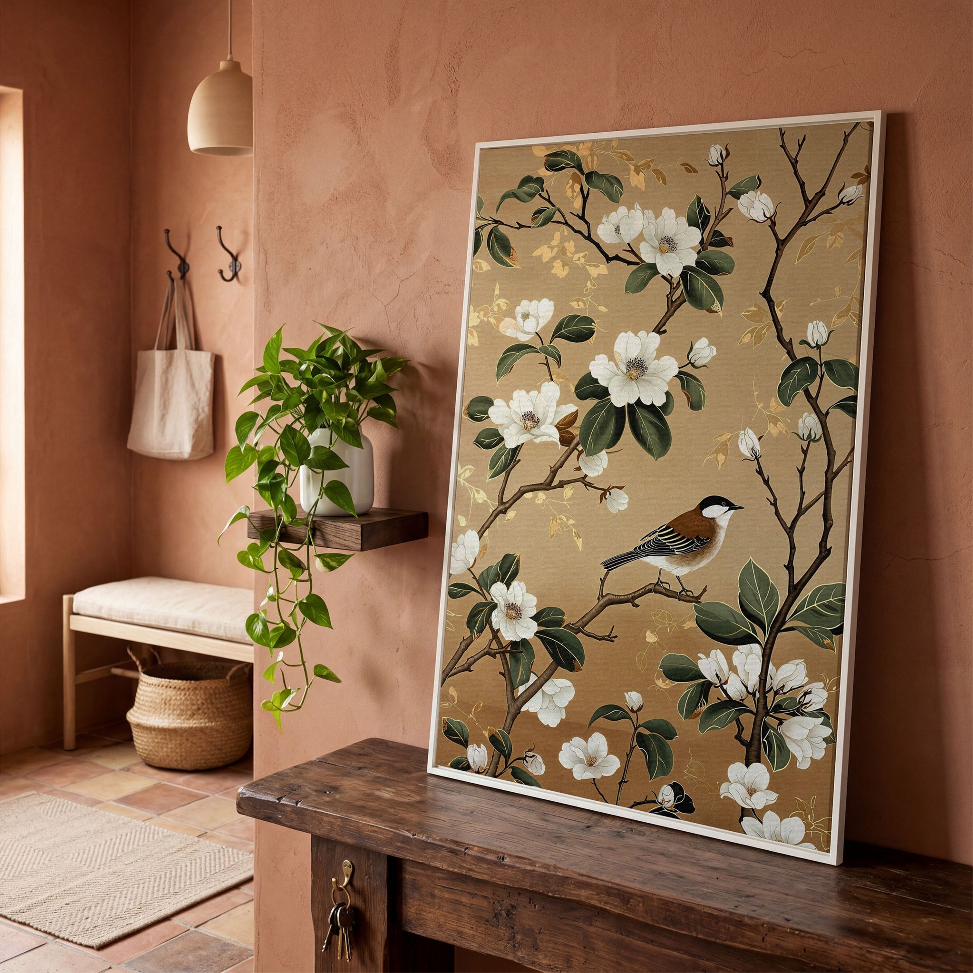 Bird on Magnolia Branch Canvas Art, Botanical Wall Art in white floating frame
