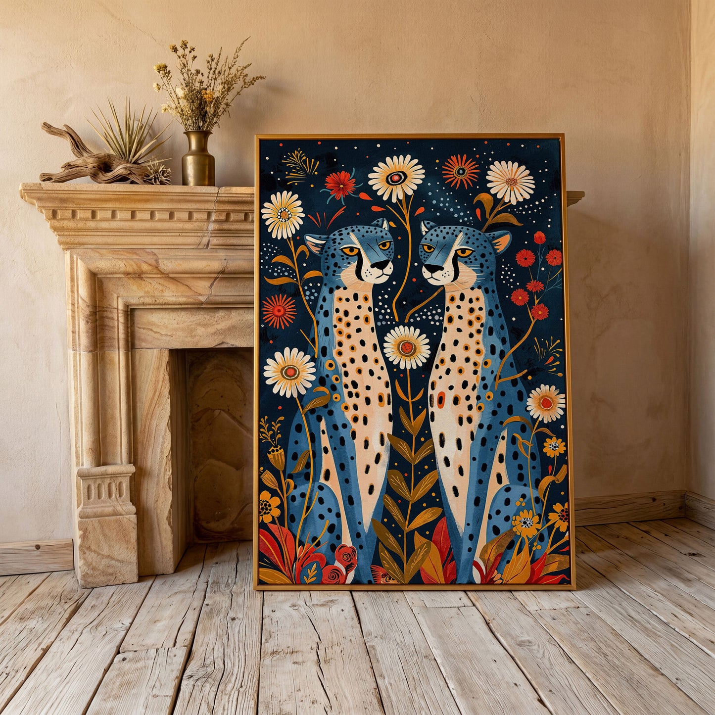 Blue Cheetah Floral Canvas Print in antique gold floating frame