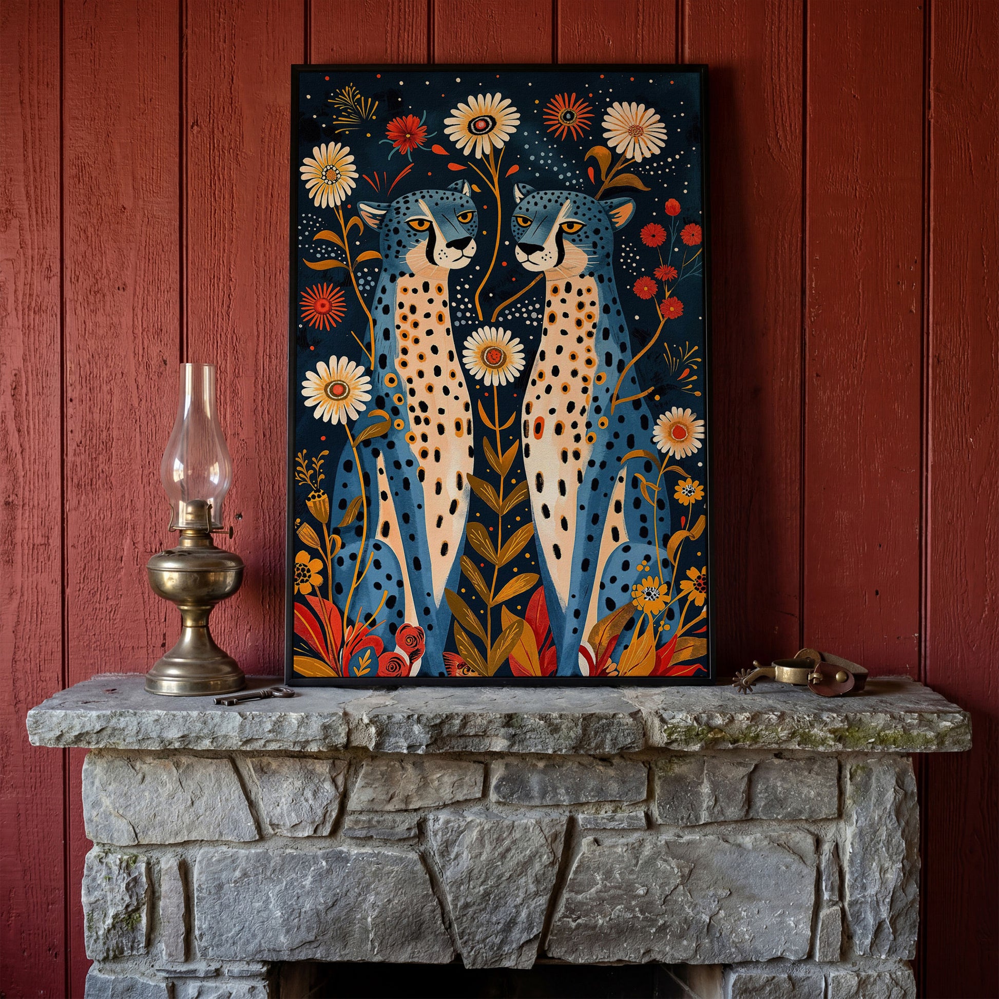 Blue Cheetah Floral Canvas Print in black floating frame