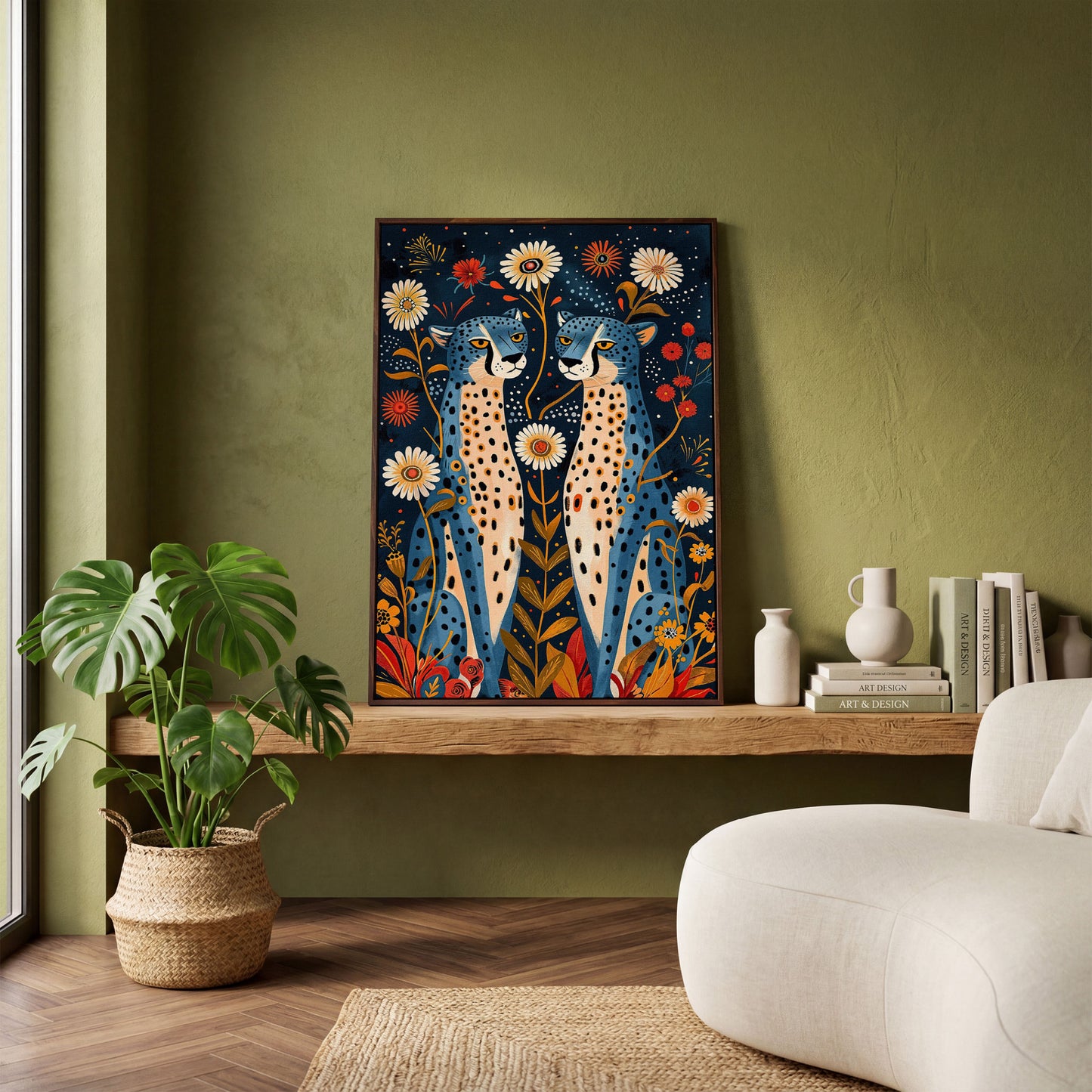 Blue Cheetah Floral Canvas Print in dark walnut floating frame