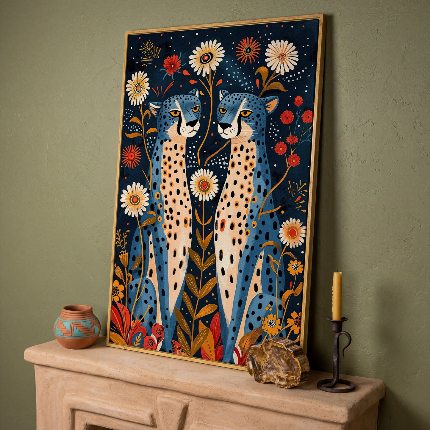 Blue Cheetah Floral Canvas Print in white oak floating frame