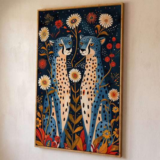 Blue Cheetah Floral Canvas Print shown in white oak floating frame