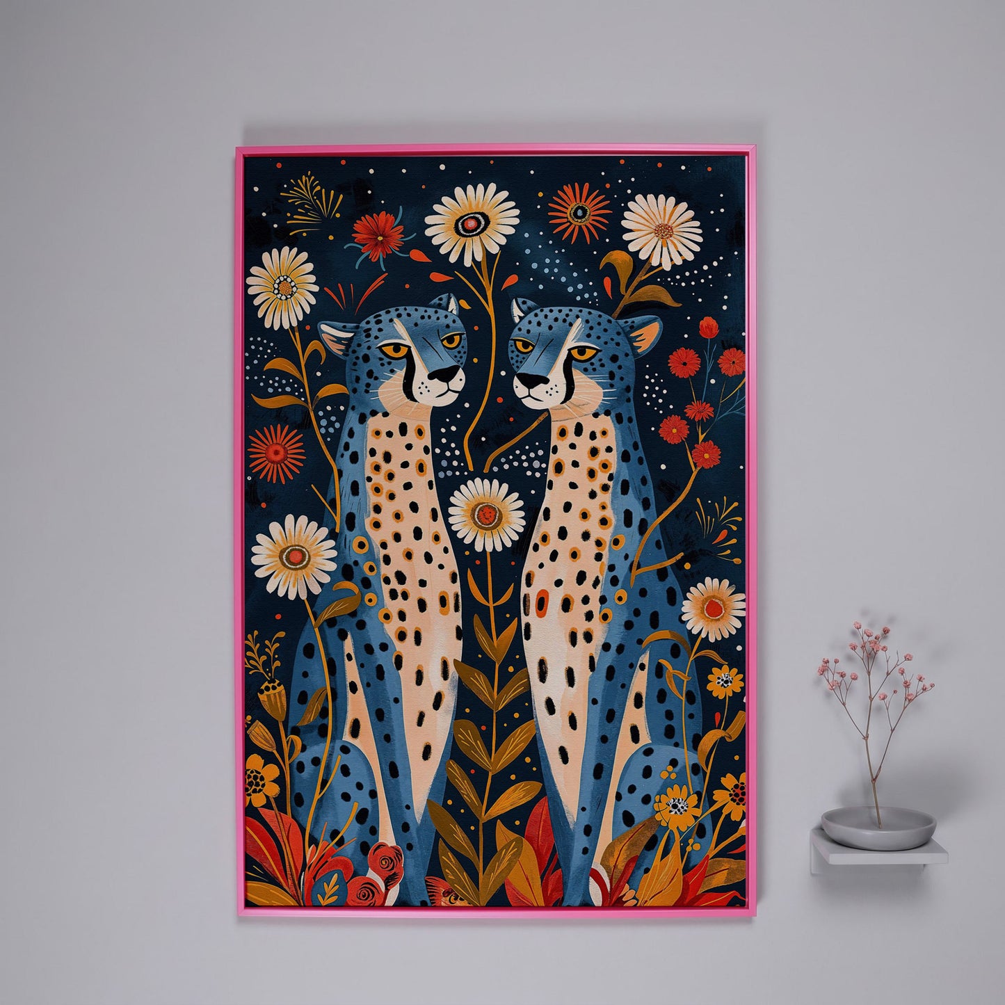 Blue Cheetah Floral Canvas Print in pink floating frame