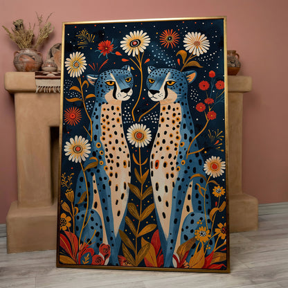 Blue Cheetah Floral Canvas Print in rose gold floating frame