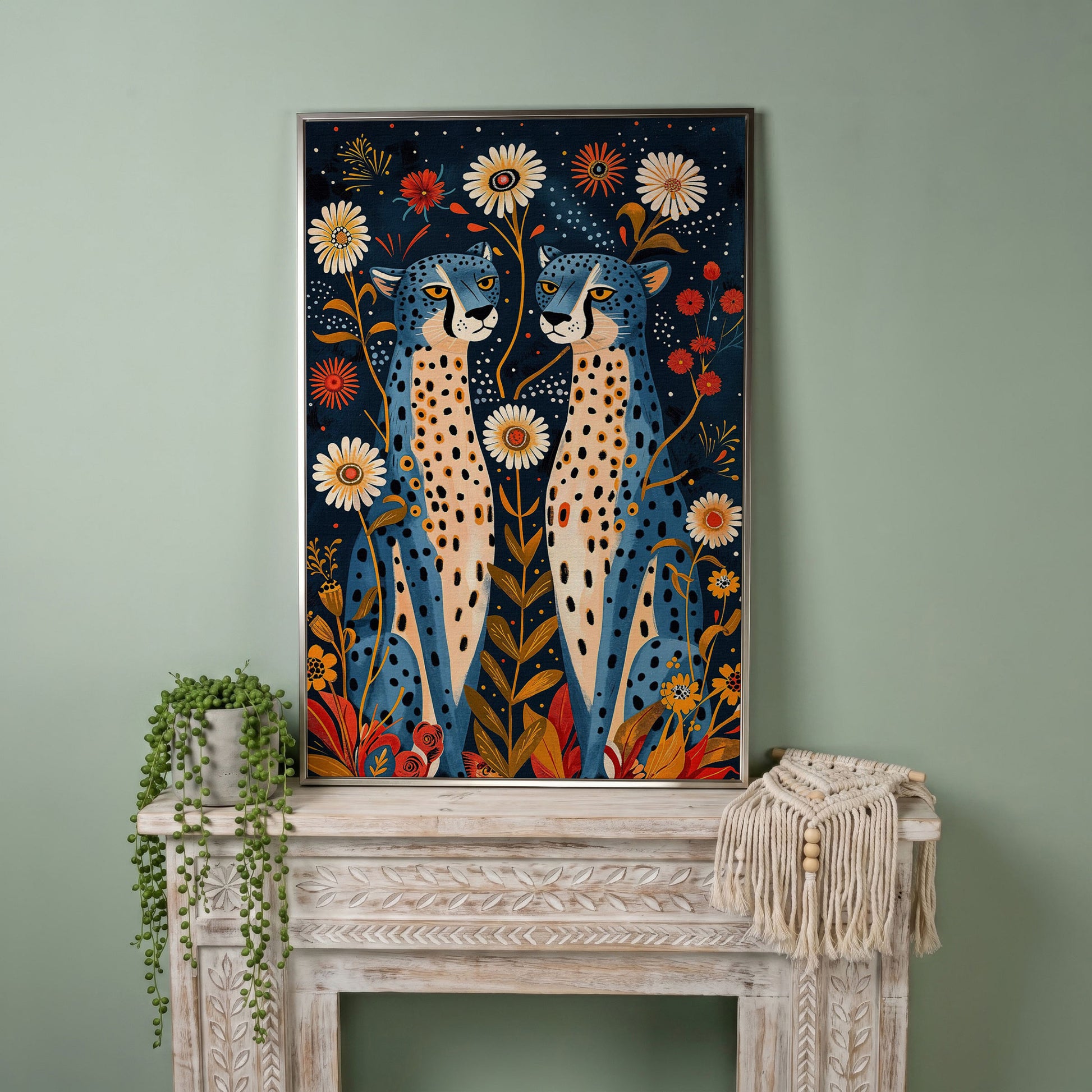 Blue Cheetah Floral Canvas Print in silver floating frame