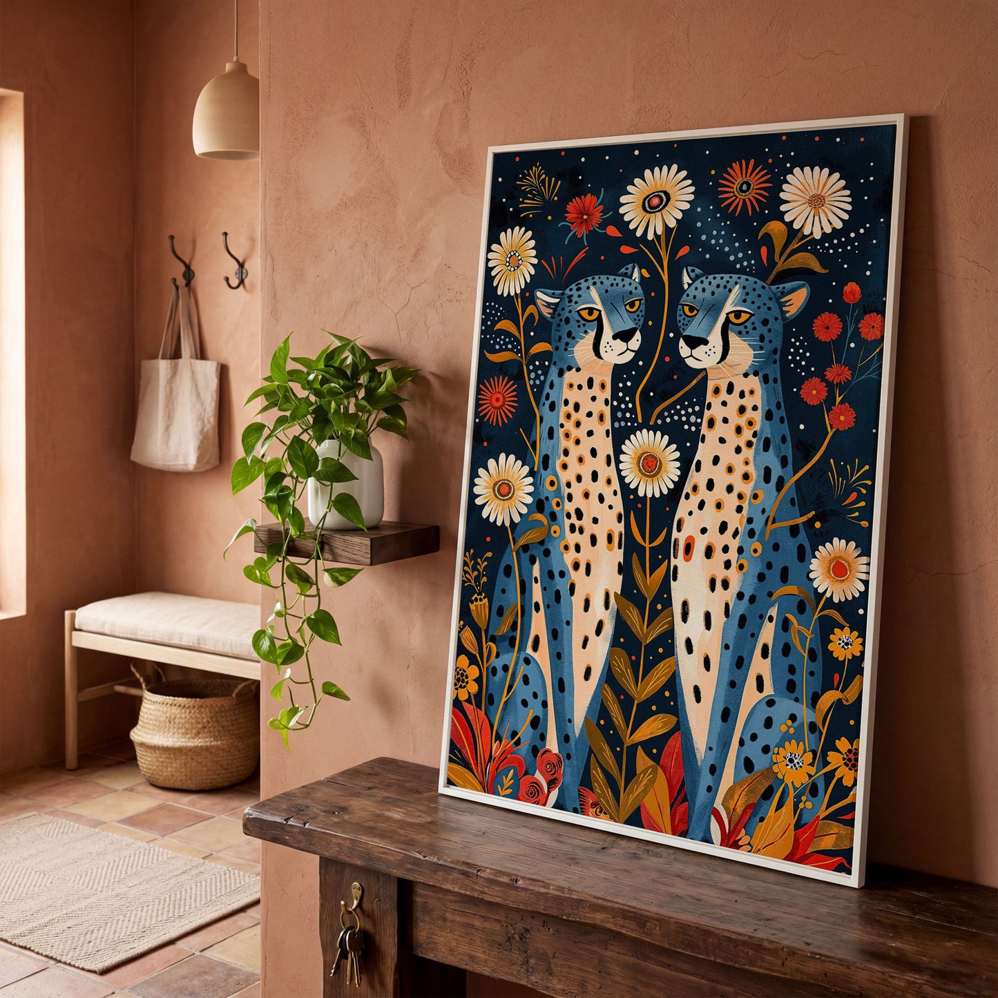 Blue Cheetah Floral Canvas Print in white floating frame
