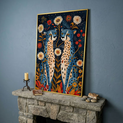 Blue Cheetah Floral Canvas Print in yellow gold floating frame