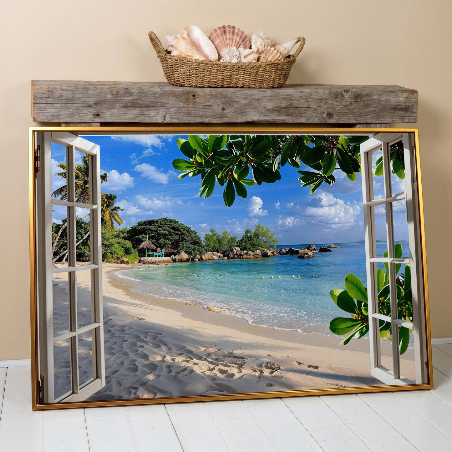 Tropical Beach View Canvas Print in antique gold floating frame