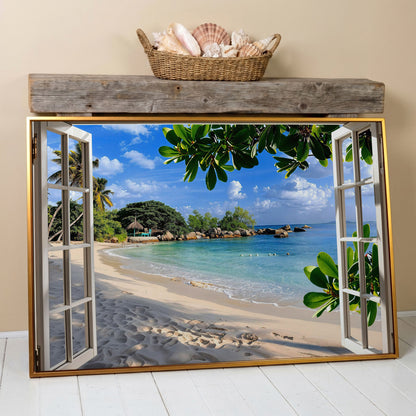 Tropical Beach View Canvas Print in antique gold floating frame