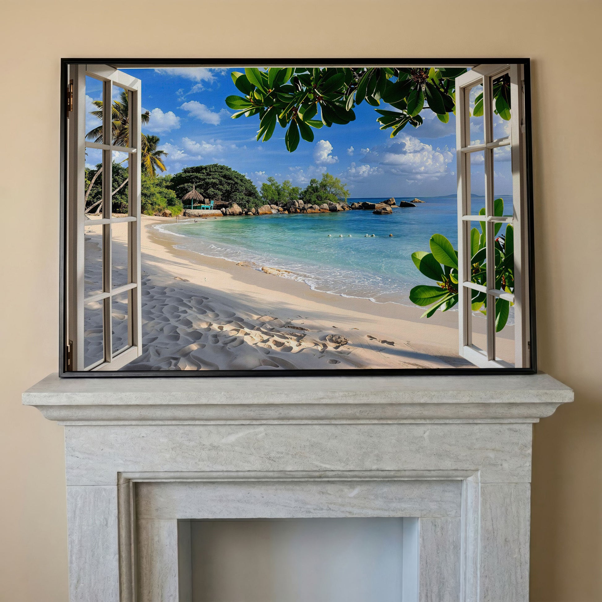 Tropical Beach View Canvas Print in black floating frame