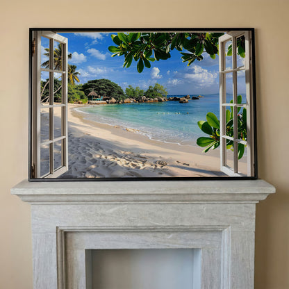 Tropical Beach View Canvas Print in black floating frame
