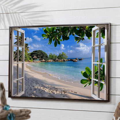 Tropical Beach View Canvas Print in dark walnut floating frame