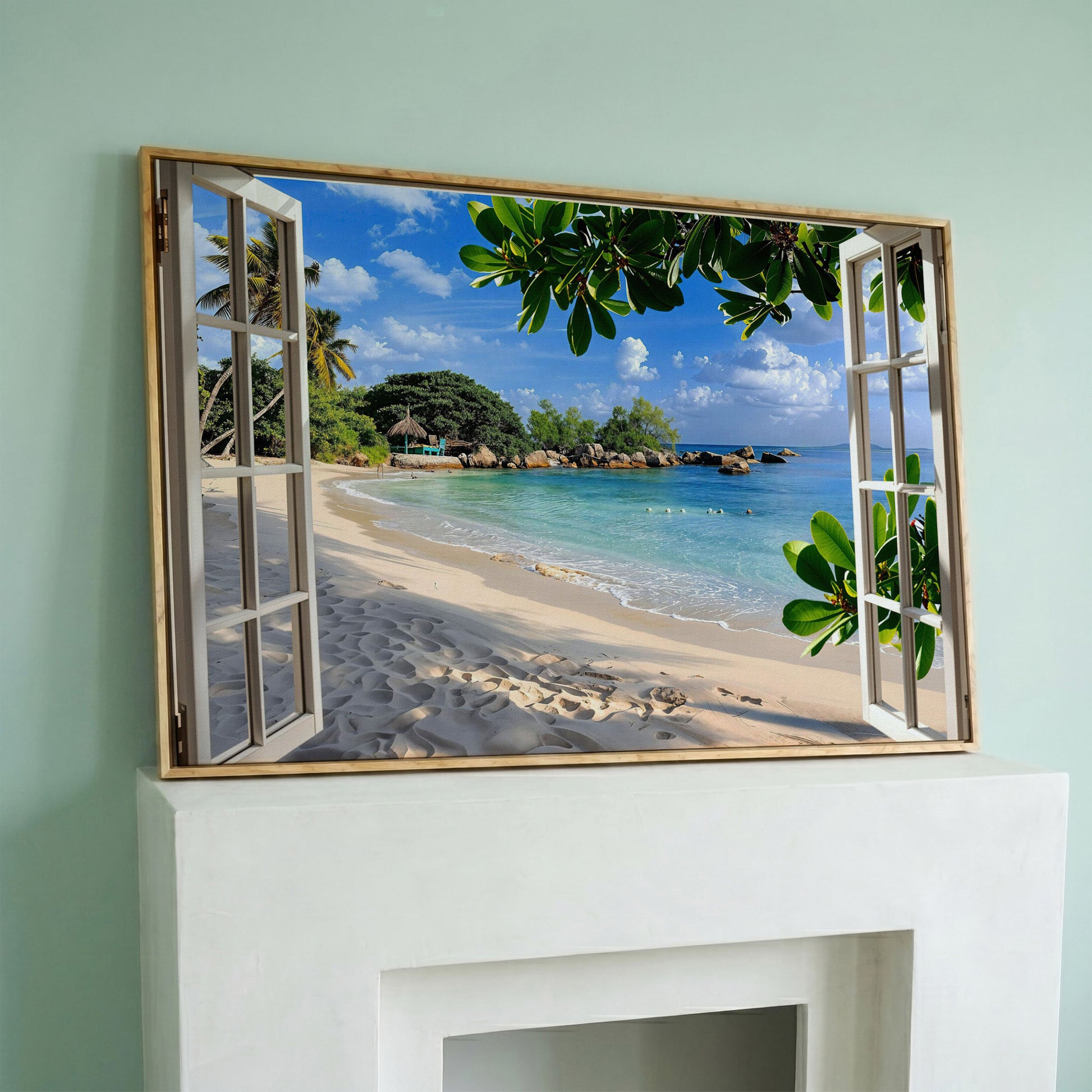 Tropical Beach View Canvas Print in white oak floating frame