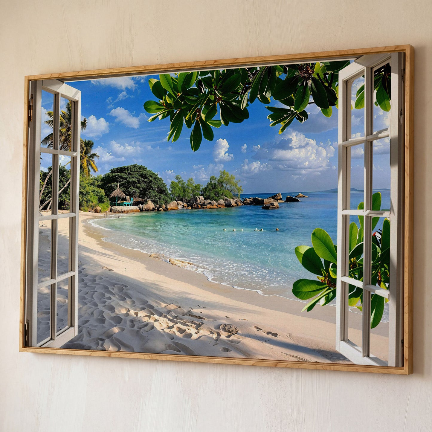 Tropical Beach View Canvas Print shown in white oak floating frame