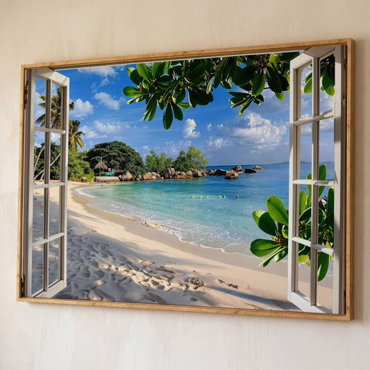 Tropical Beach View Canvas Print shown in white oak floating frame