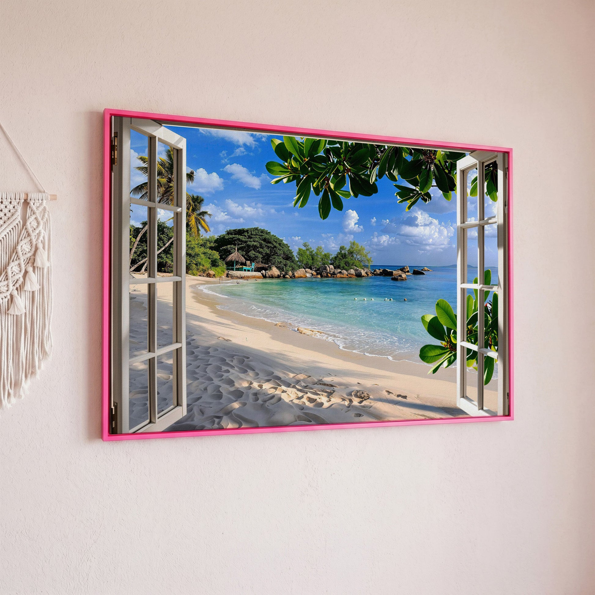 Tropical Beach View Canvas Print in pink floating frame