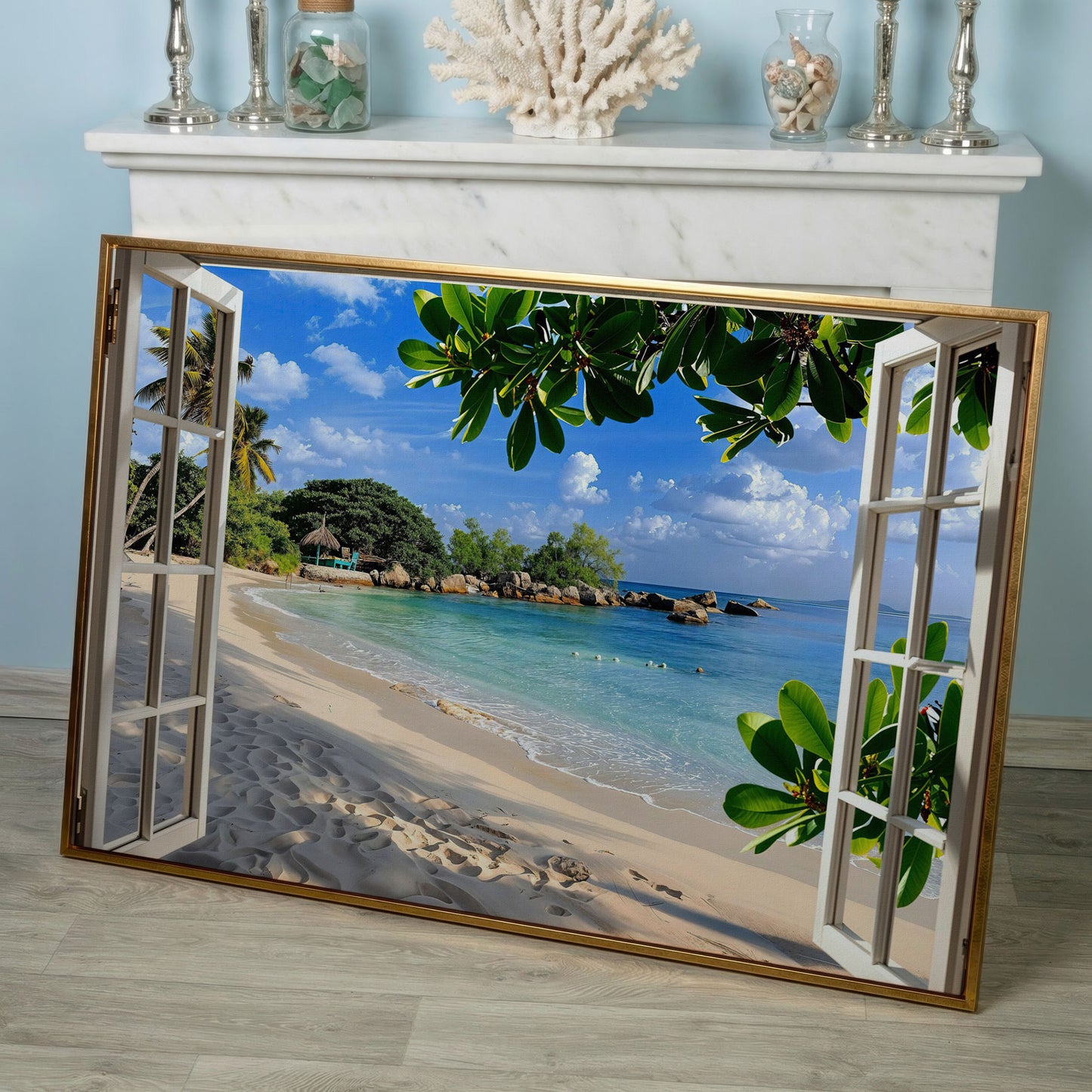 Tropical Beach View Canvas Print in rose gold floating frame