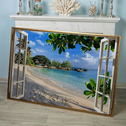 Tropical Beach View Canvas Print in rose gold floating frame