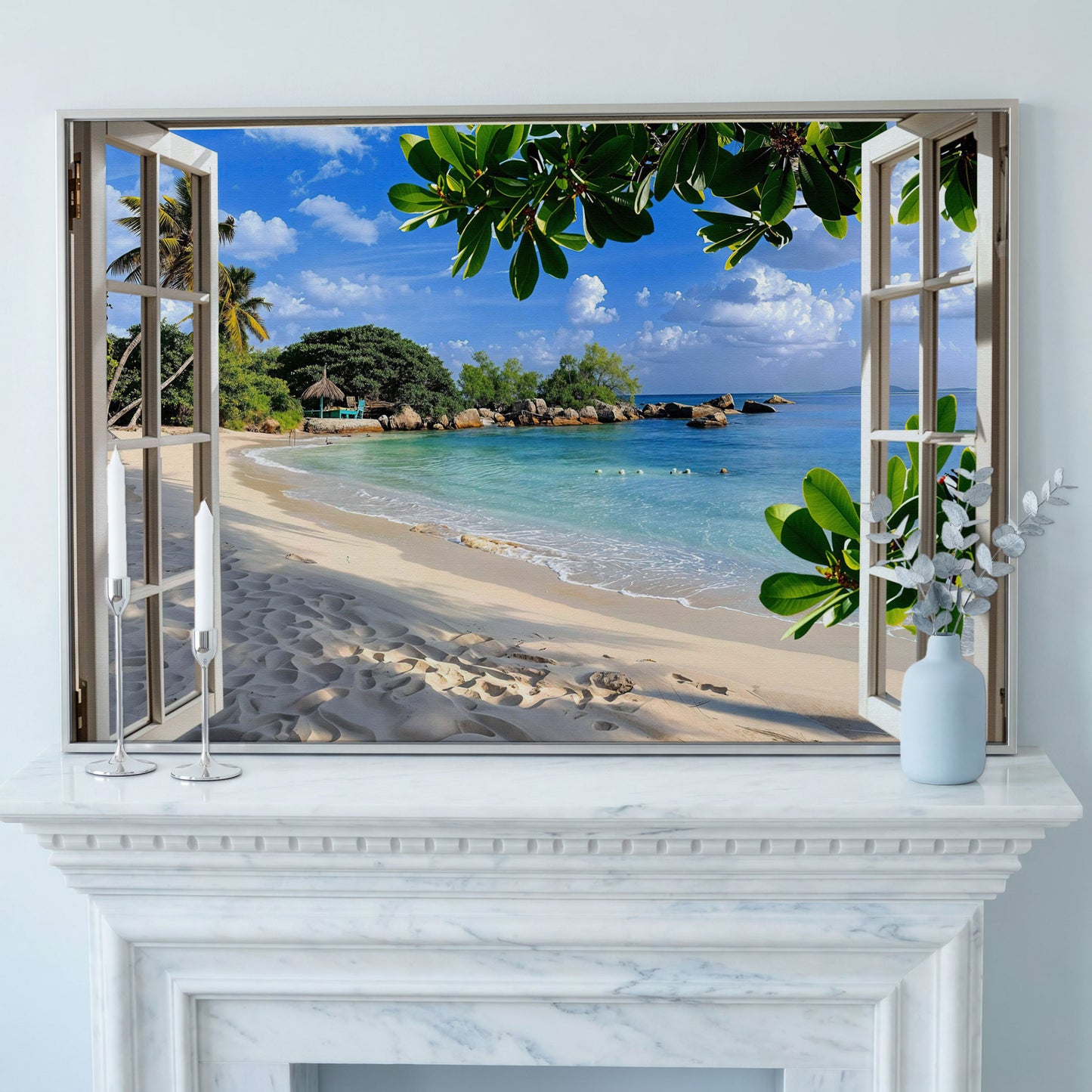 Tropical Beach View Canvas Print in silver floating frame