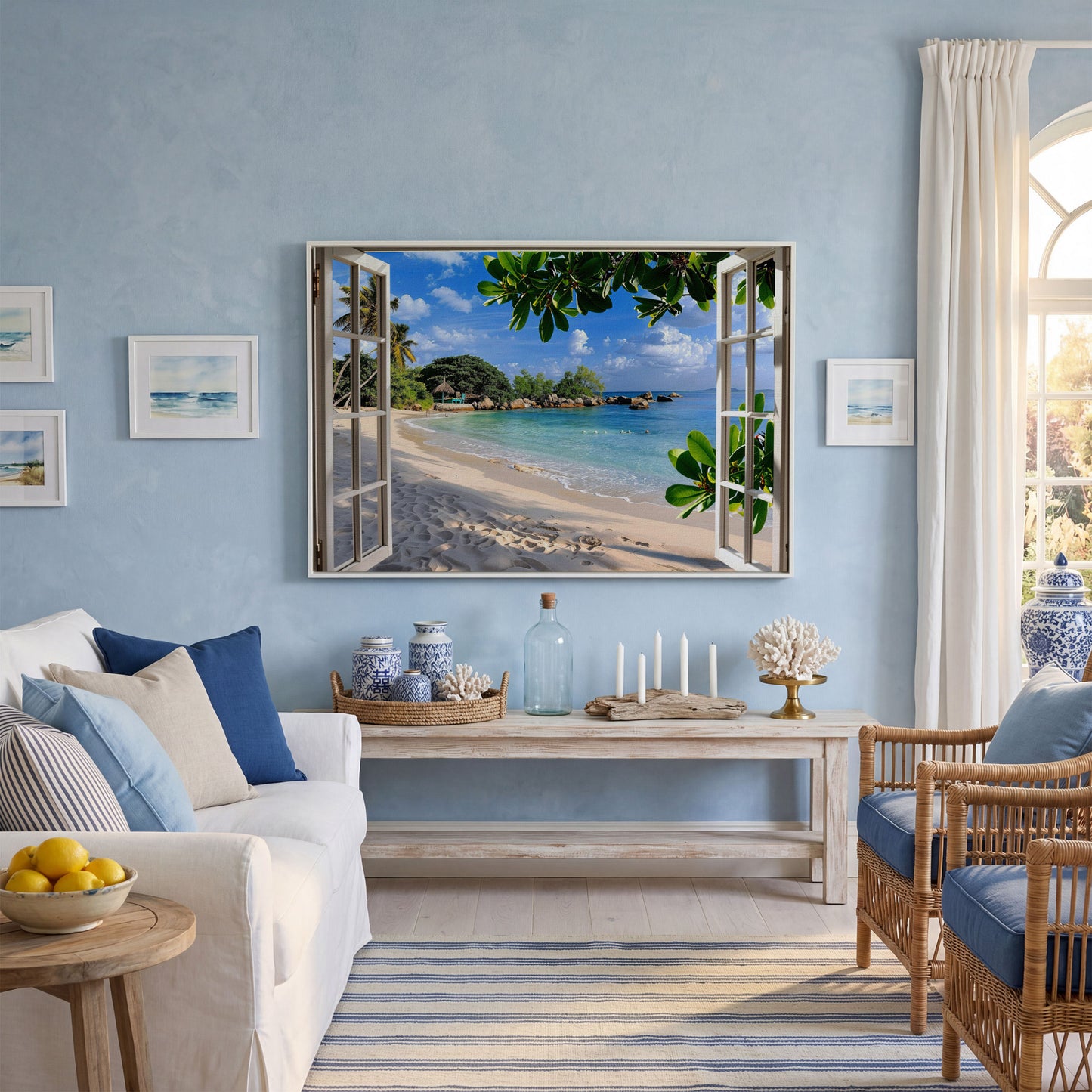 Tropical Beach View Canvas Print in white floating frame