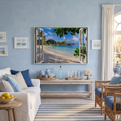 Tropical Beach View Canvas Print in white floating frame