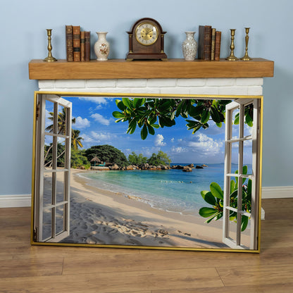 Tropical Beach View Canvas Print in yellow gold floating frame