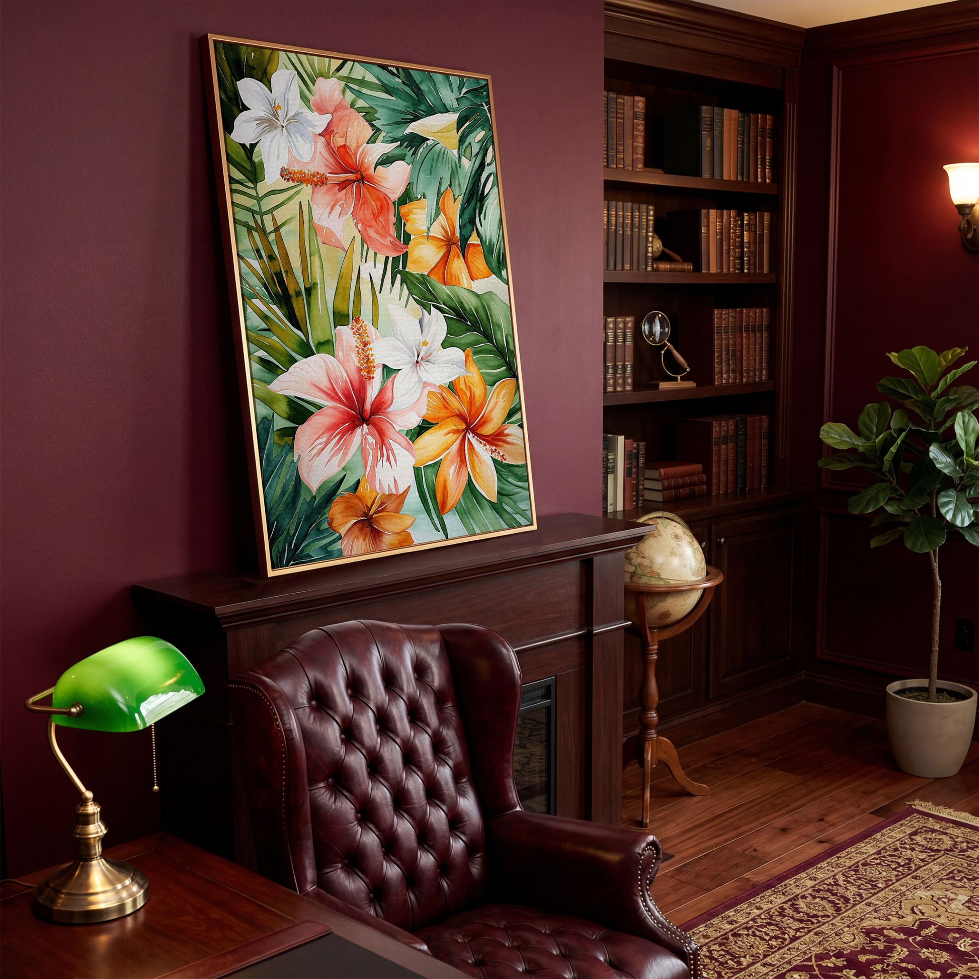 Tropical Hibiscus Floral Canvas Wall Art, Dense Botanical Blooms in antique gold floating frame
