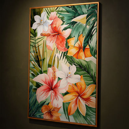 Tropical Hibiscus Floral Canvas Wall Art, Dense Botanical Blooms shown in antique gold floating frame