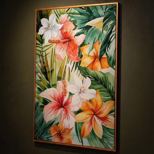 Tropical Hibiscus Floral Canvas Wall Art, Dense Botanical Blooms shown in antique gold floating frame