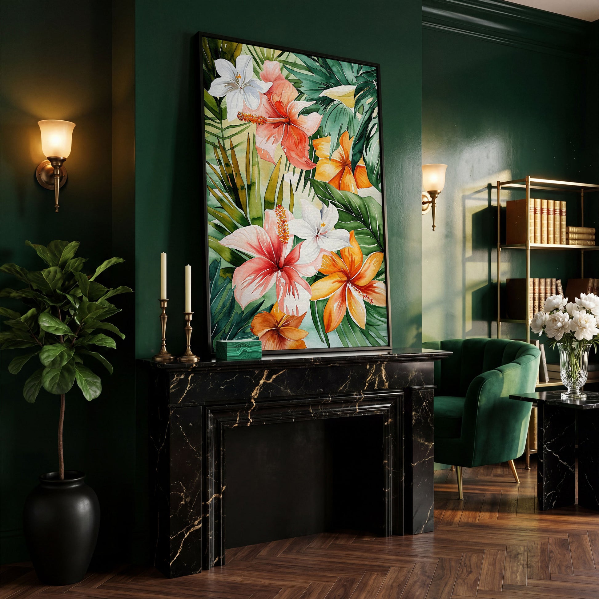 Tropical Hibiscus Floral Canvas Wall Art, Dense Botanical Blooms in black floating frame