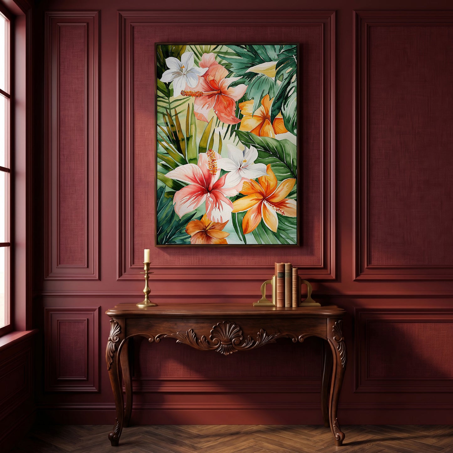 Tropical Hibiscus Floral Canvas Wall Art, Dense Botanical Blooms in dark walnut floating frame