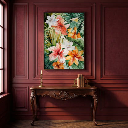 Tropical Hibiscus Floral Canvas Wall Art, Dense Botanical Blooms in dark walnut floating frame
