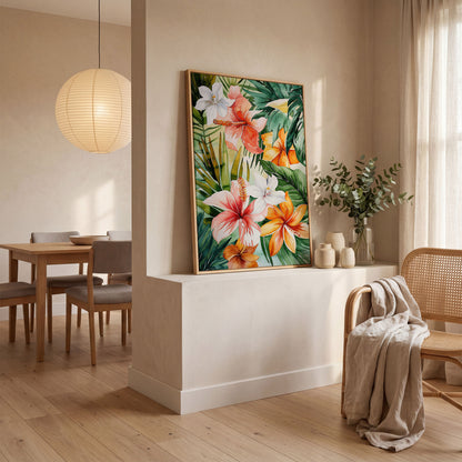 Tropical Hibiscus Floral Canvas Wall Art, Dense Botanical Blooms in white oak floating frame